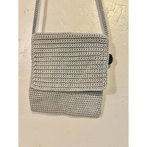 The Sak Crochet Crossbody Bag Gray Button Flap Small Shoulder Purse